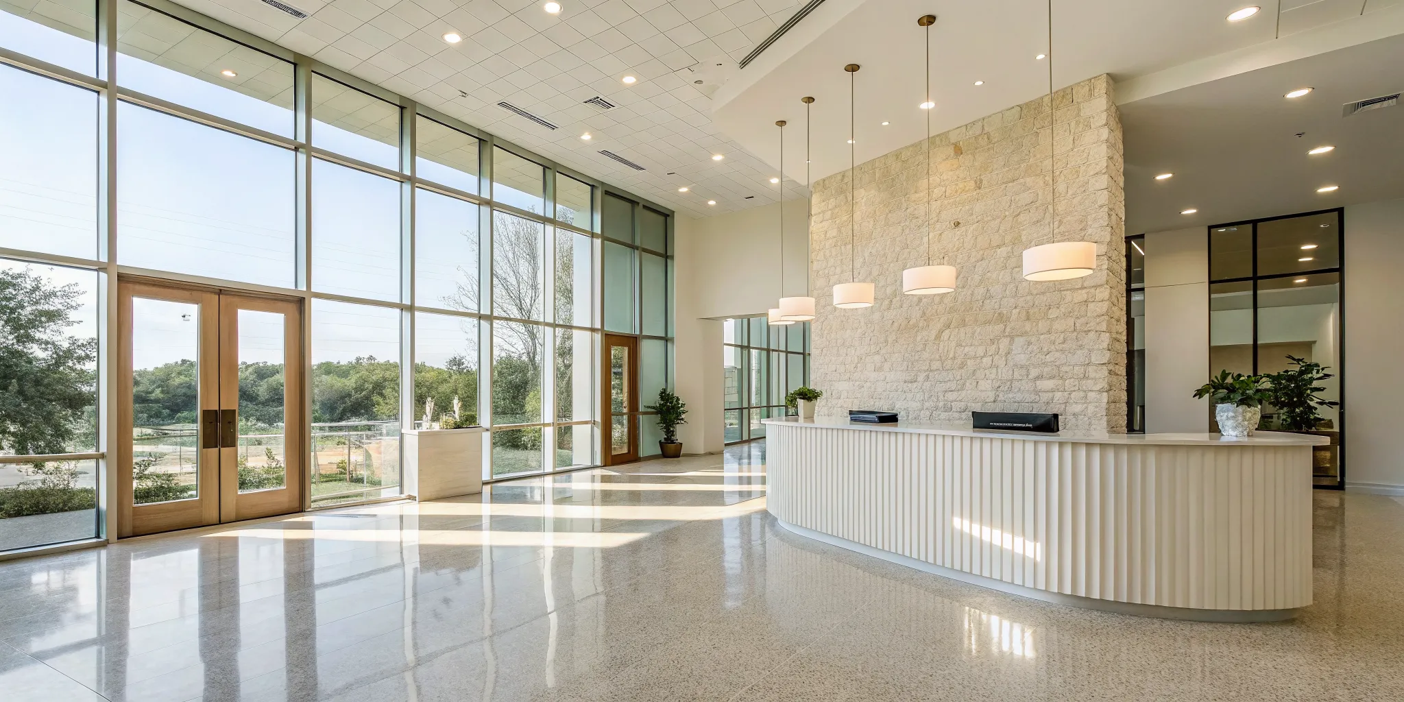 Elegant lobby of an aesthetic clinic in Farmers Branch with a bright, modern reception area.