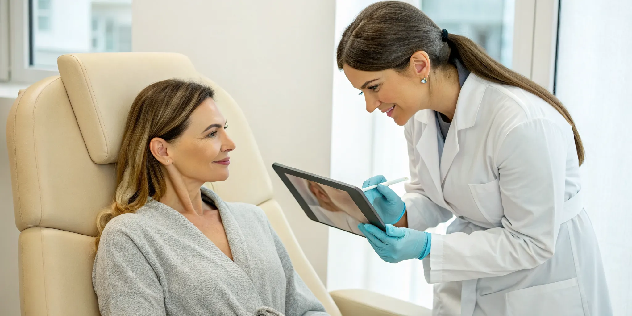A skilled injector discusses cheek filler options with a patient in Addison.