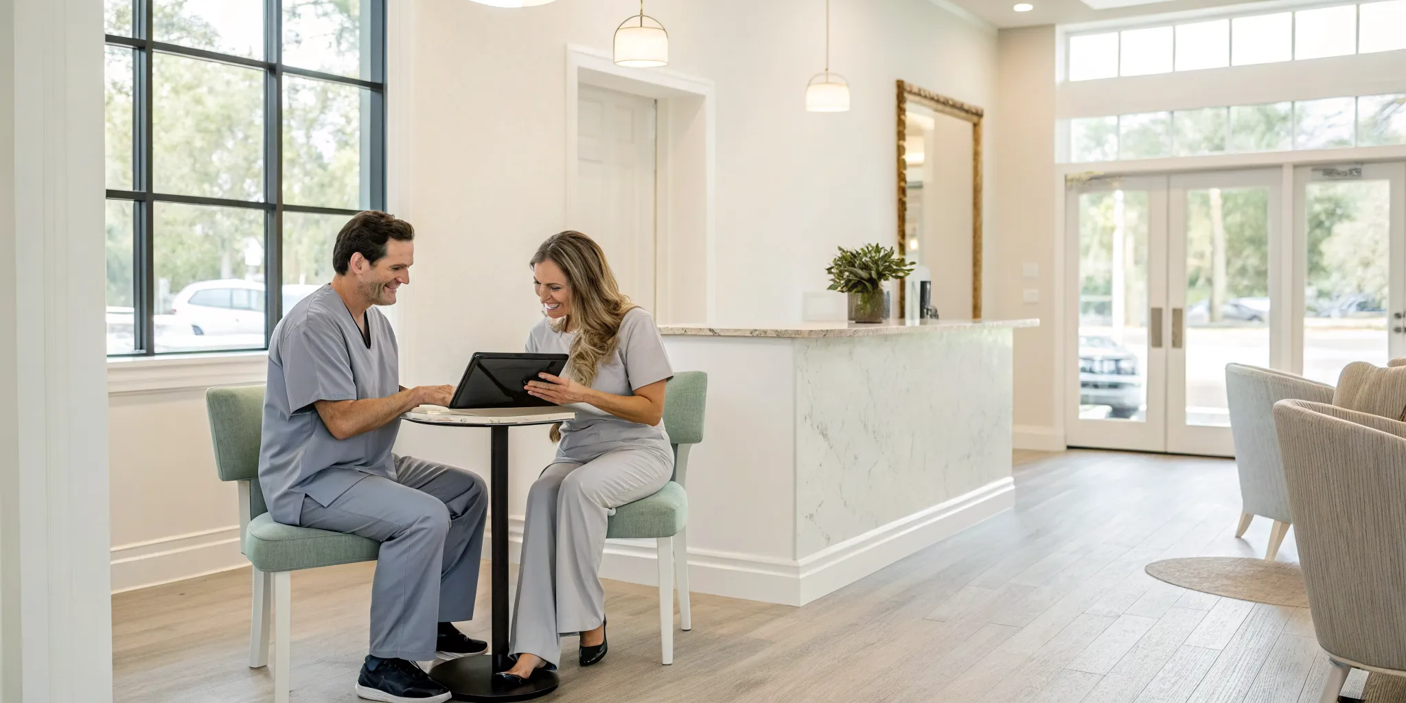 Two smiling providers at an aesthetic clinic in Coppell discussing a personalized treatment plan.