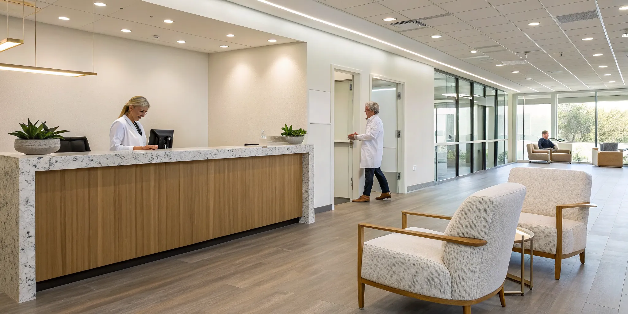 Professional staff at the reception of a modern anti-aging clinic in Farmers Branch.