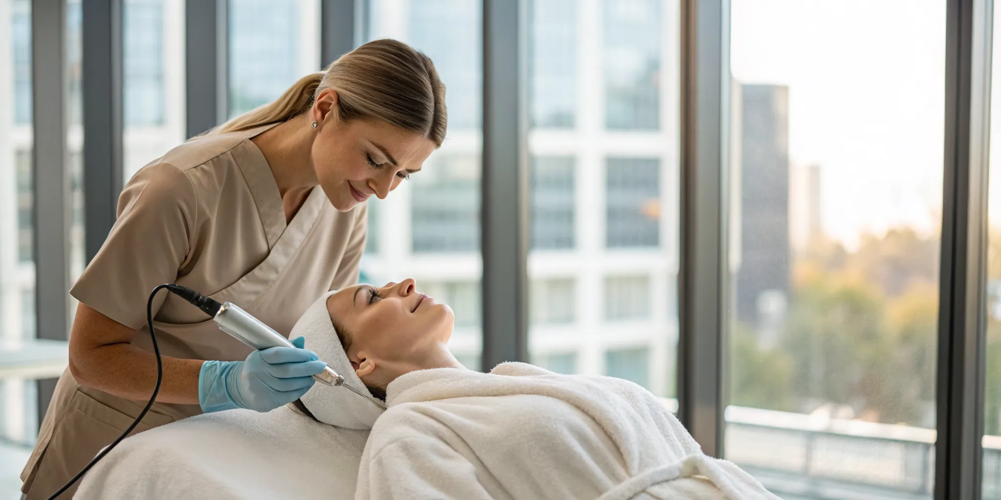 Professional performing a skin tightening treatment on a client's face in Addison.