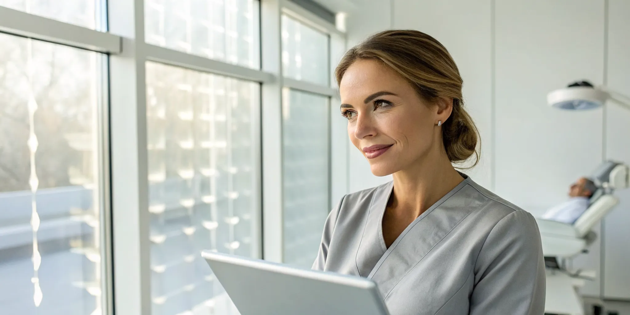 Facial contouring specialist in Addison reviews a treatment plan on a tablet.
