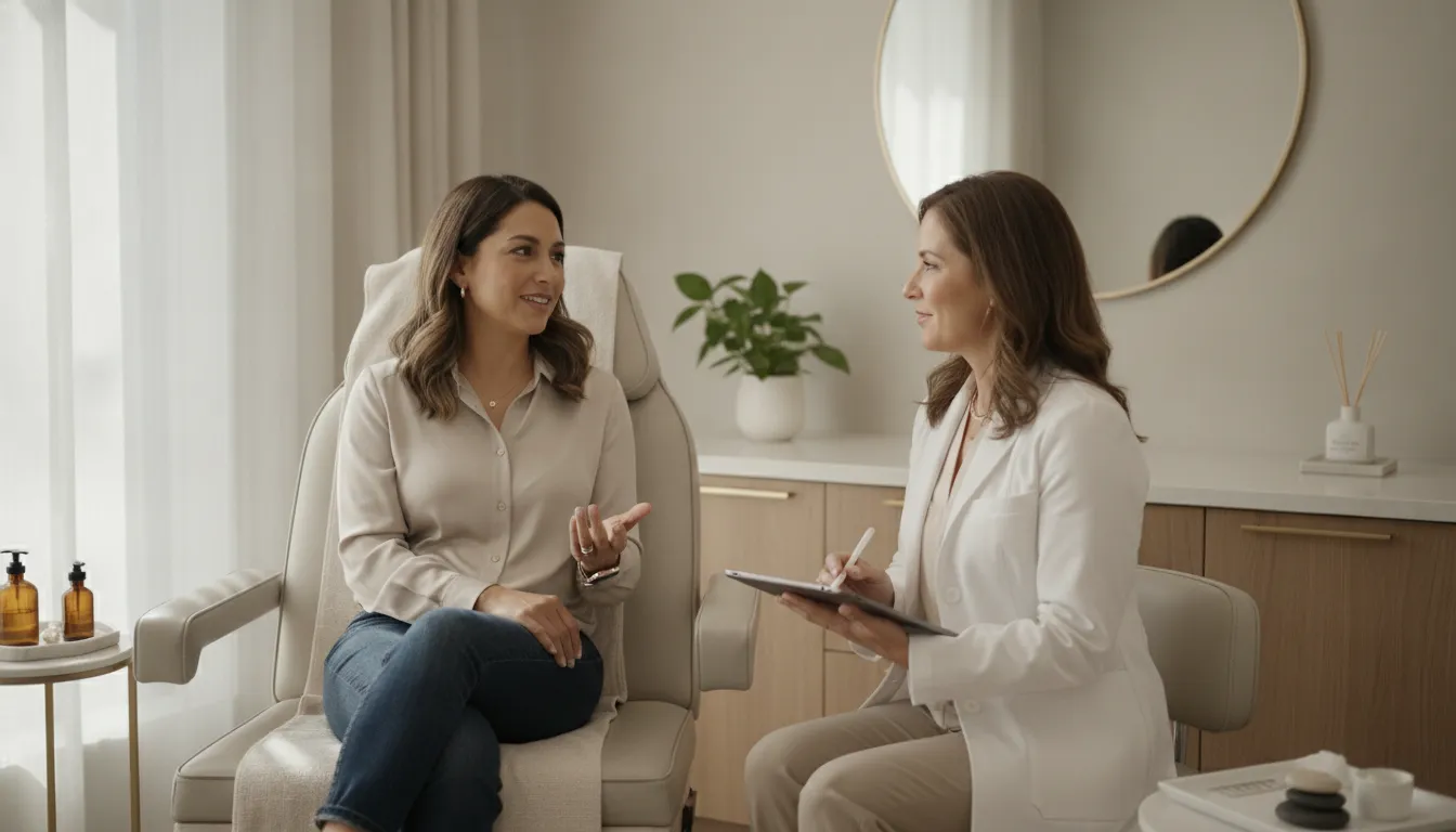 Patient having a comfortable bilingual med spa consultation in Dallas