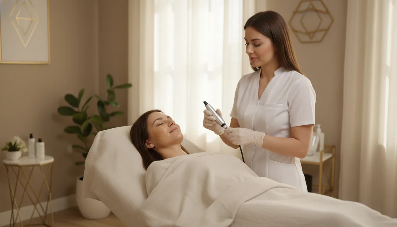 Woman receiving what is PRP microneedling treatment in a calm med spa setting