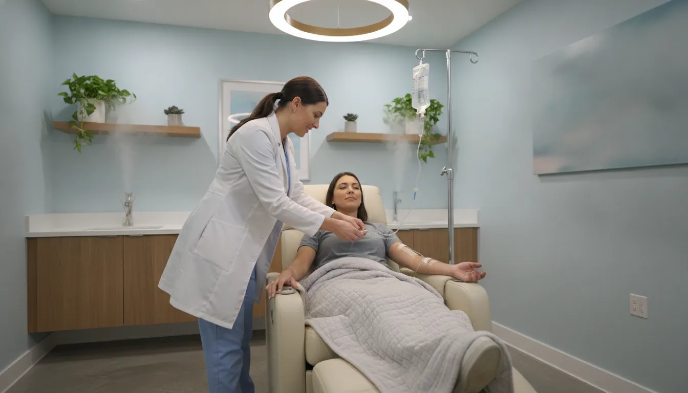 Patient receiving IV hydration therapy in a comfortable medical spa treatment room