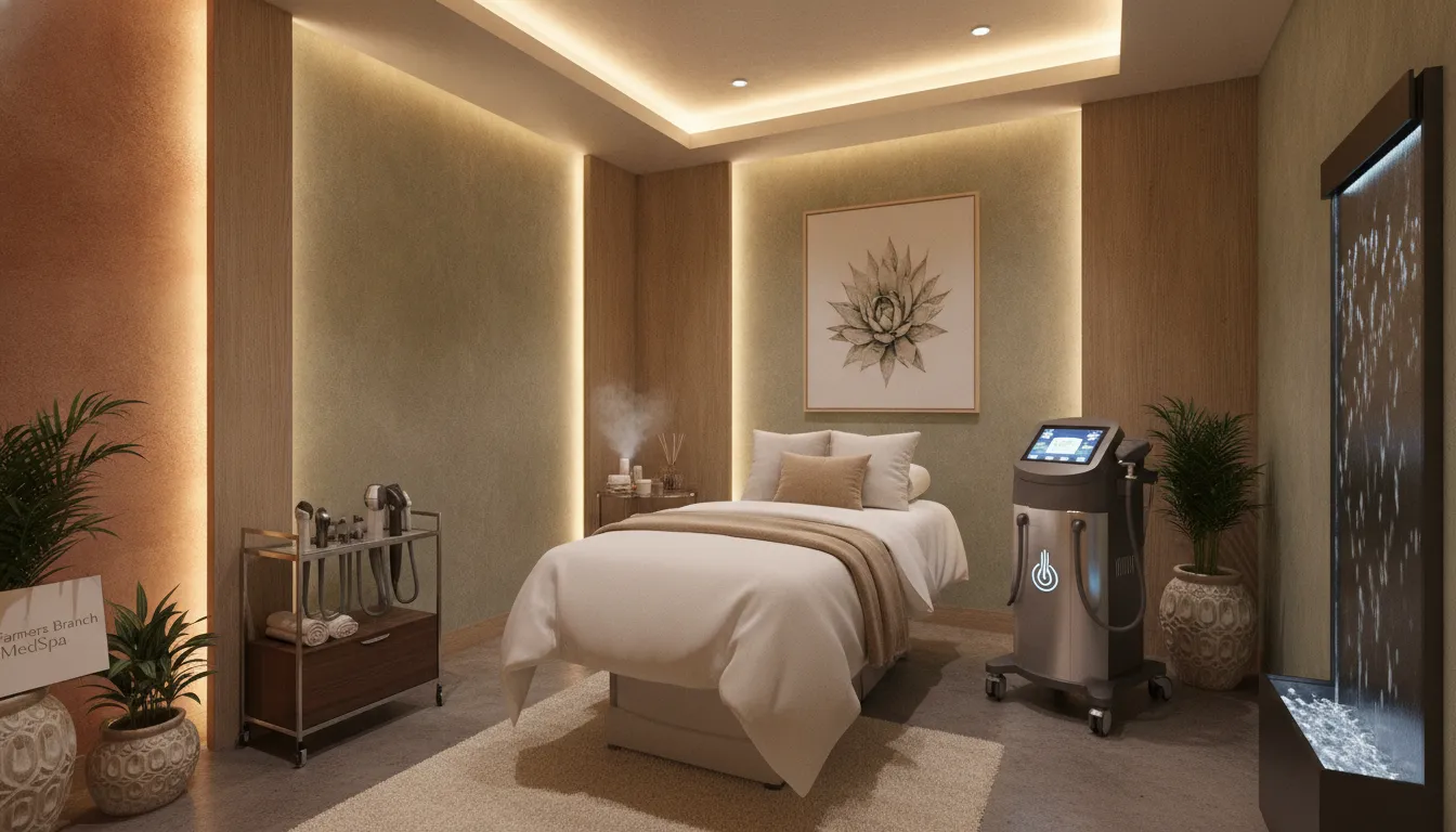 Luxurious medical spa laser hair removal treatment room with advanced laser equipment in Farmers Branch Texas