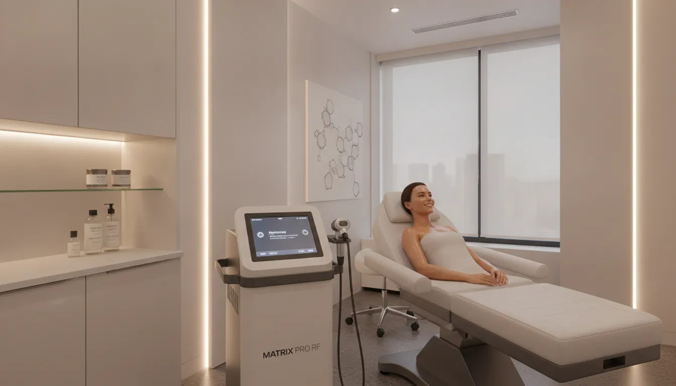 Medical grade Matrix Pro RF microneedling device in a modern medspa treatment room