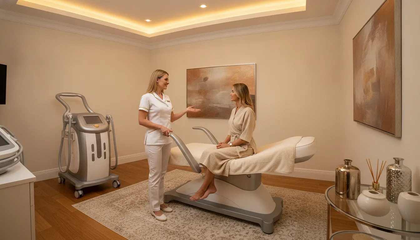 Luxury medical spa treatment room with a provider discussing body contouring options with a patient