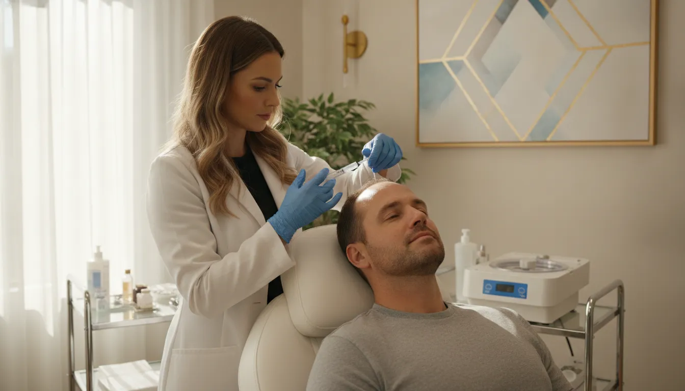 Medical professional performing PRFM hair restoration treatment at a luxury medspa clinic