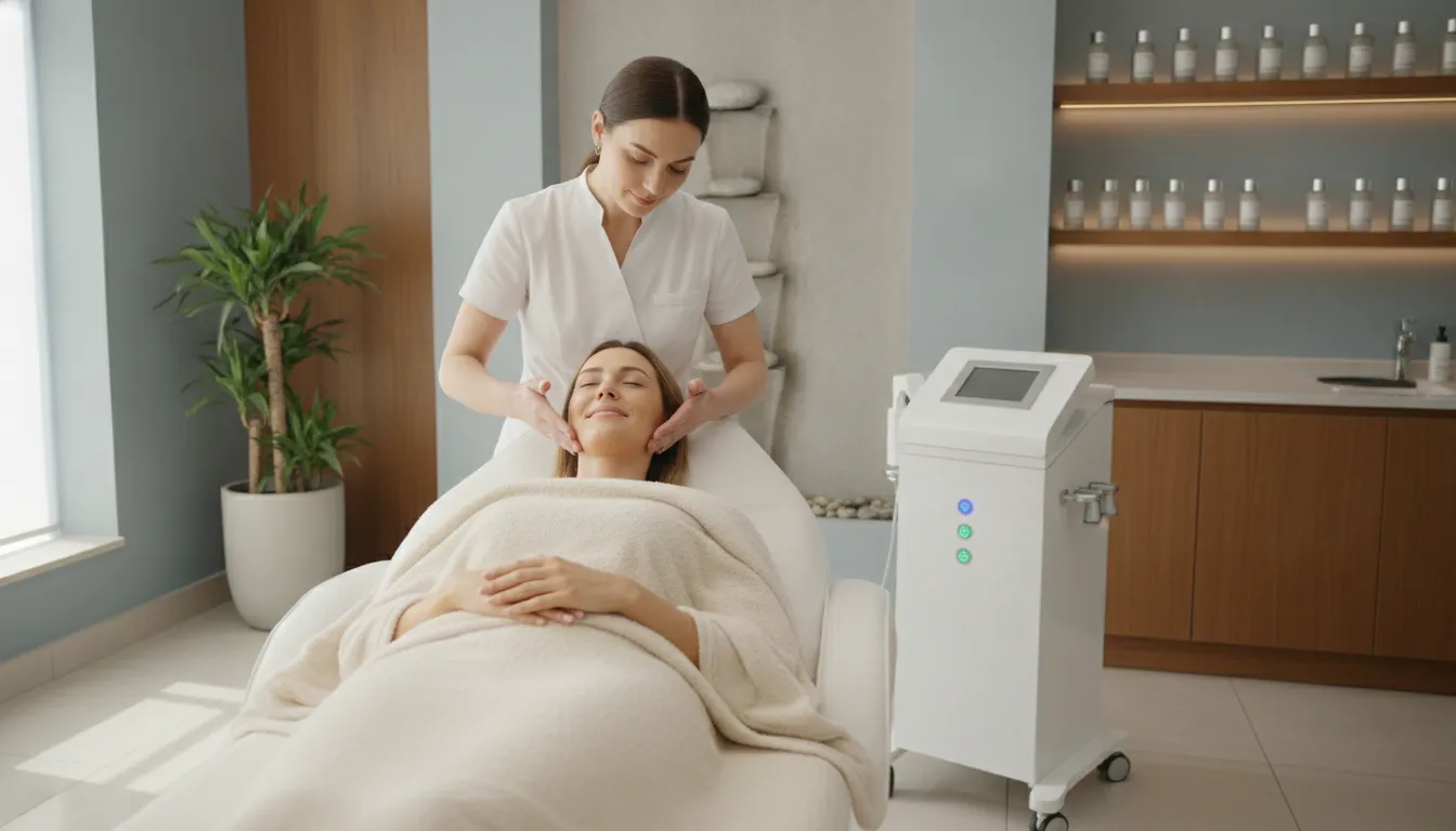Luxurious medical spa facial room with esthetician performing a gentle treatment on a woman with glowing skin