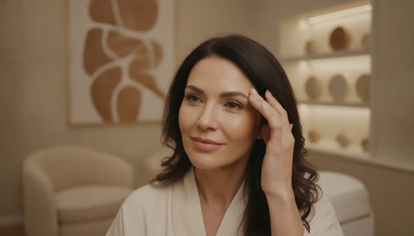 Confident woman touching her smooth forehead during a consultation at a luxury medspa
