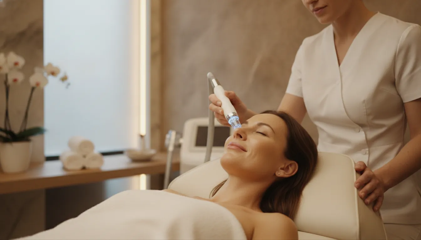Woman receiving a HydraFacial treatment in a luxury medspa setting with relaxing ambiance