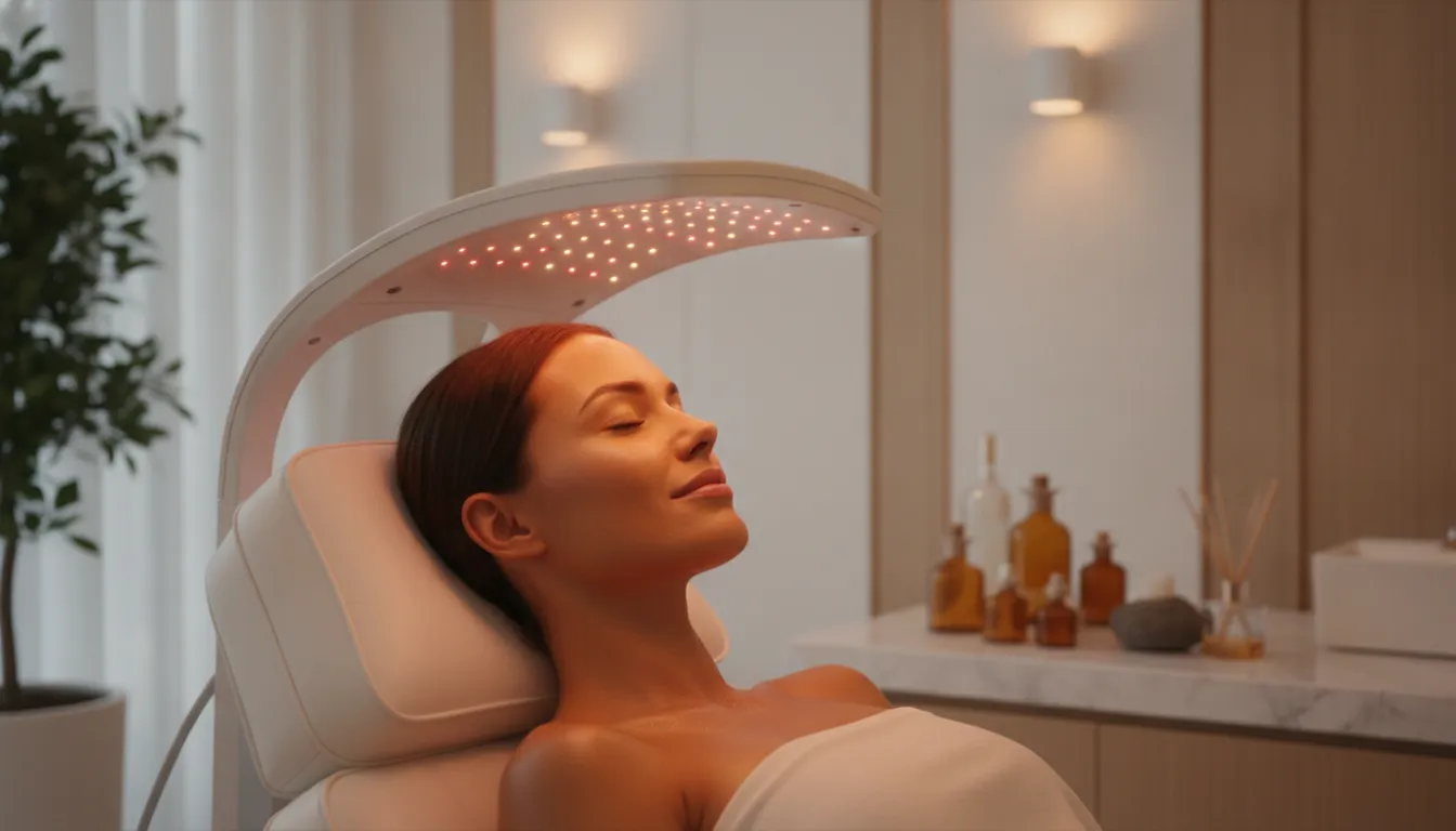 Woman receiving a gentle light-based facial treatment in a luxurious medspa treatment room