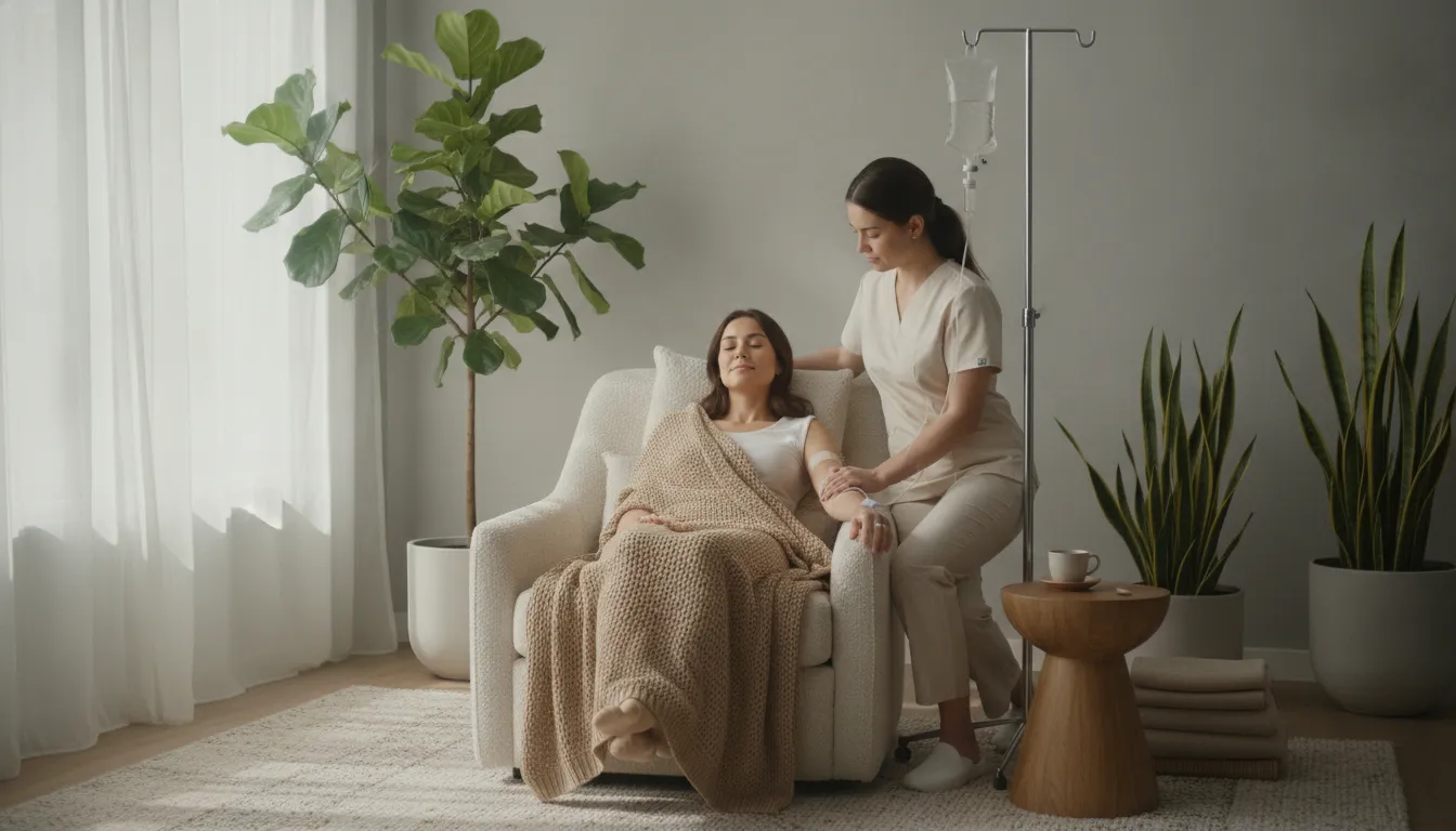Patient relaxing in a recliner during an IV hydration therapy session at a premium medspa