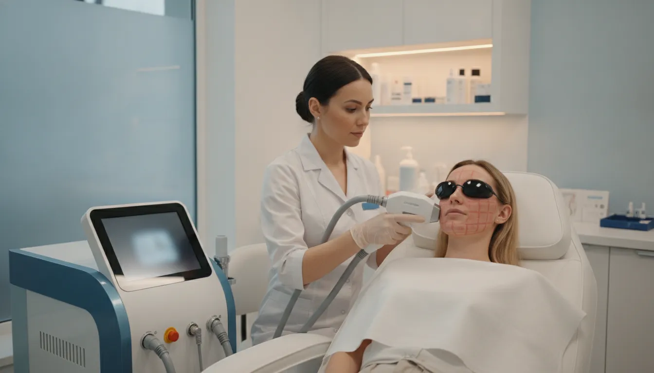 Medical professional performing laser skin resurfacing treatment in a modern medspa treatment room