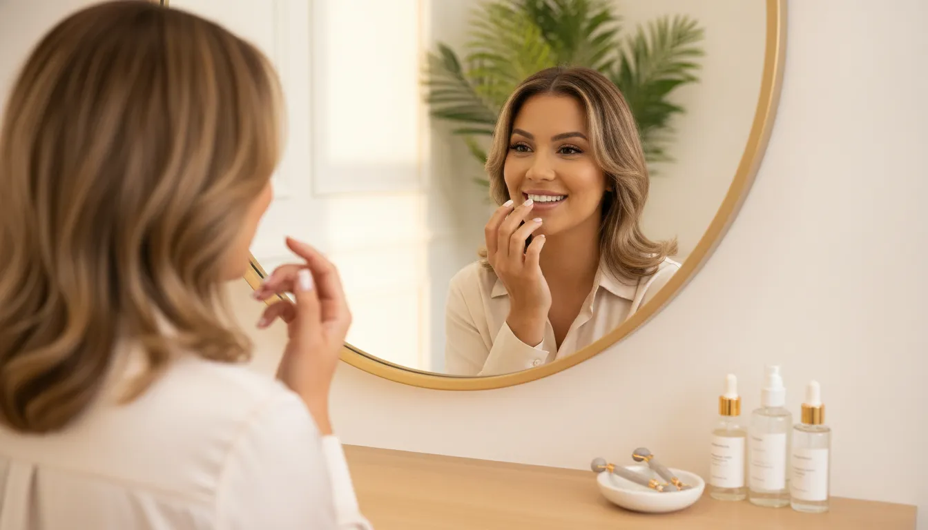 Woman considering lip enhancement options at a calm, premium medspa