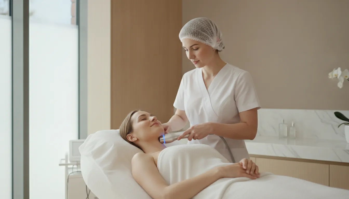 Clinician performing non-surgical radiofrequency skin tightening on a relaxed female patient at Soul Glow Medspa
