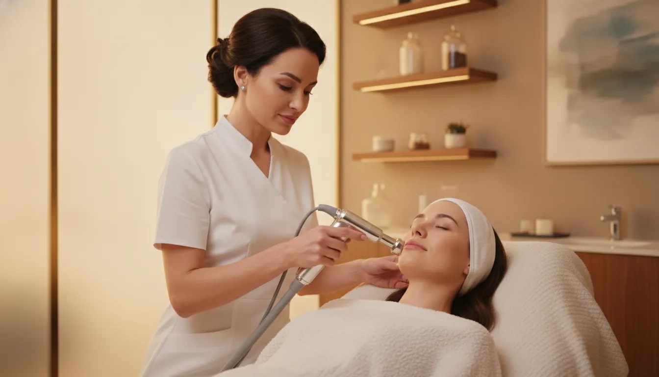 Aesthetic clinician performing a radiofrequency skin tightening treatment at a serene medspa