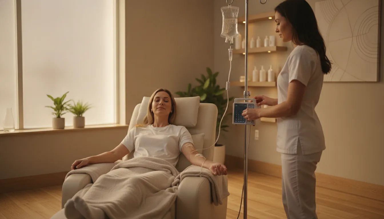 Woman relaxing in a comfortable chair during an IV NAD therapy session at a luxury medical spa in Farmers Branch, Texas