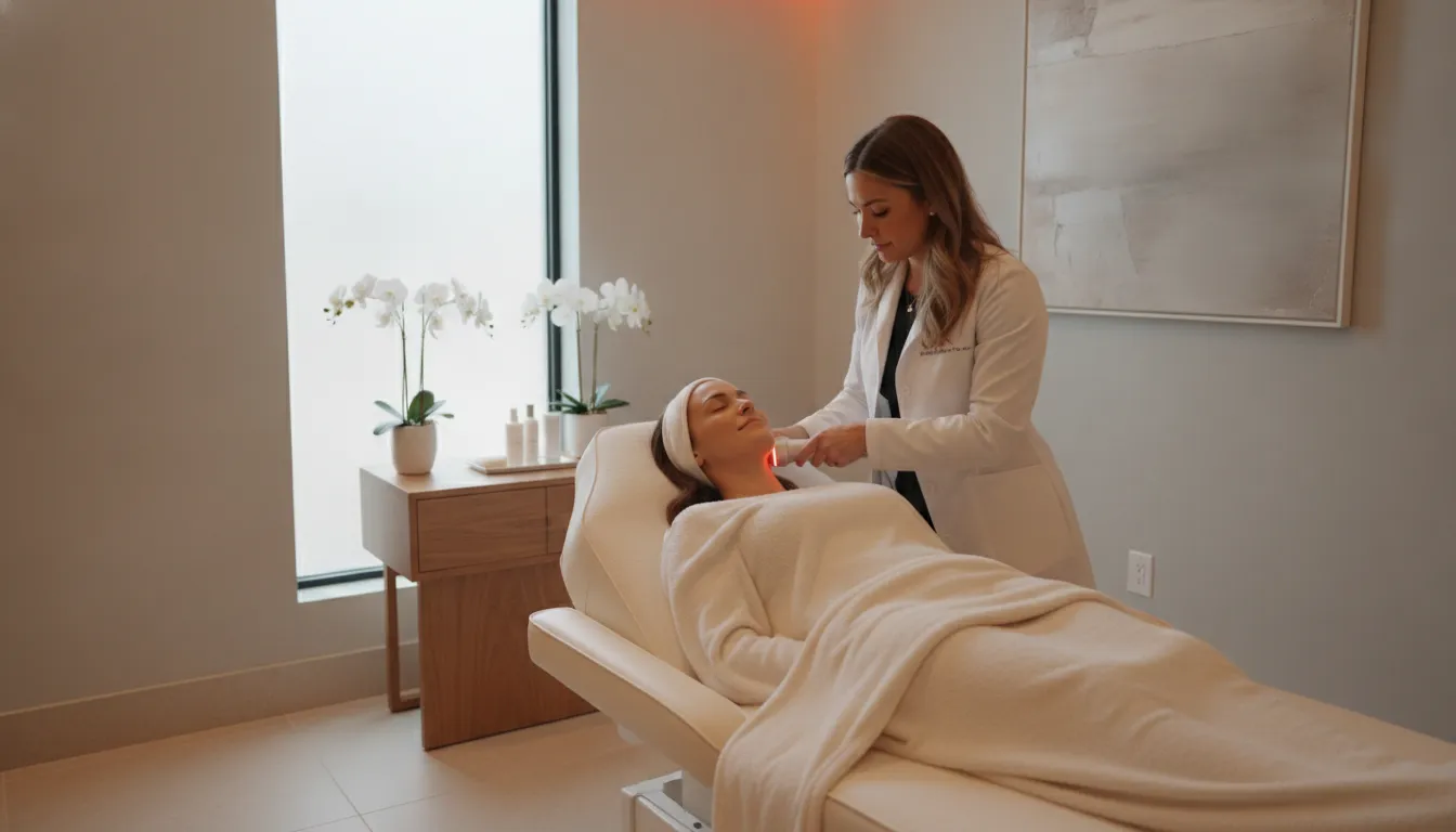 Woman receiving non-surgical radiofrequency skin tightening at a medspa