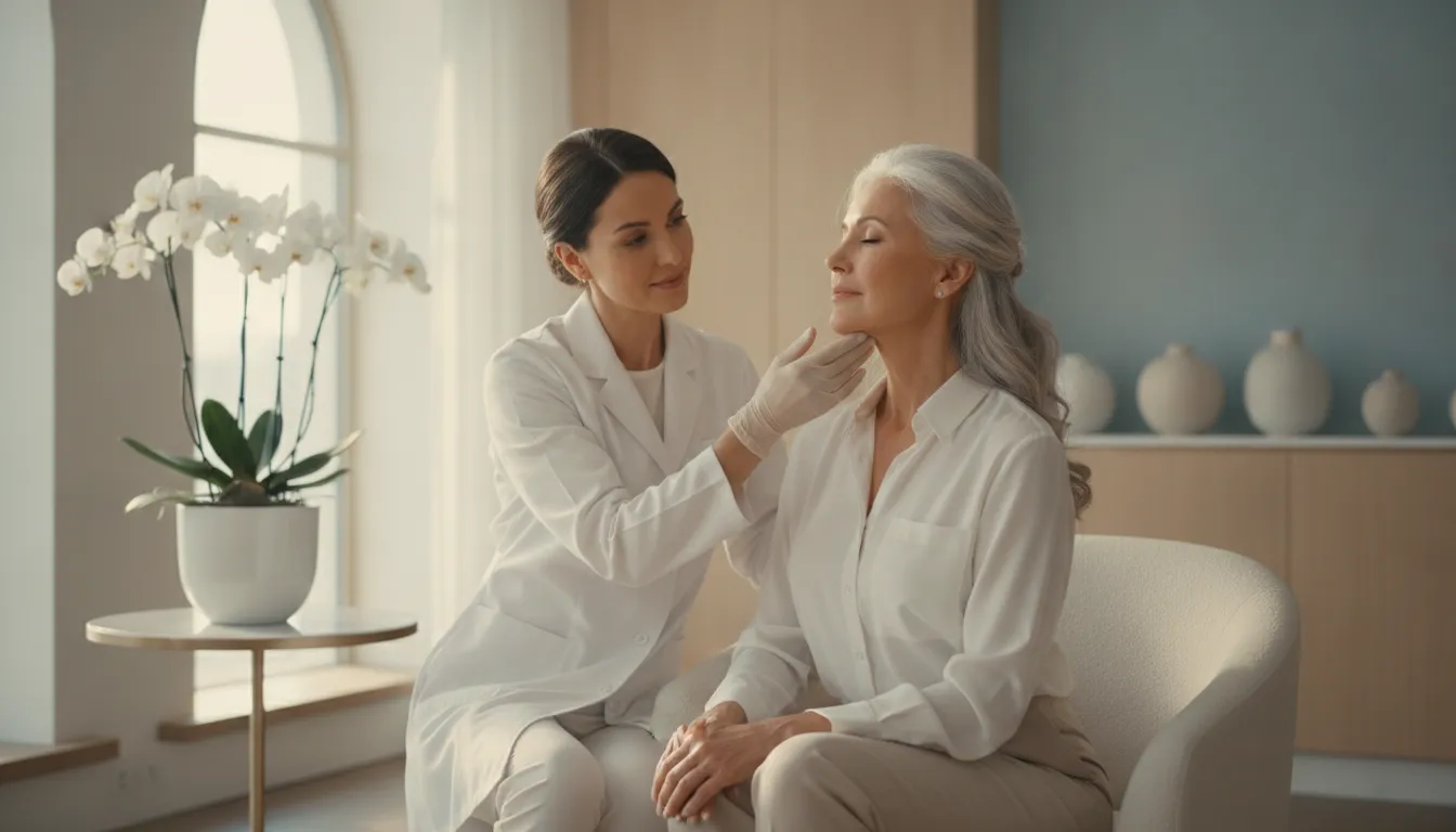 Clinician consulting with a woman about PDO thread lifting in a calm medspa room in Farmers Branch