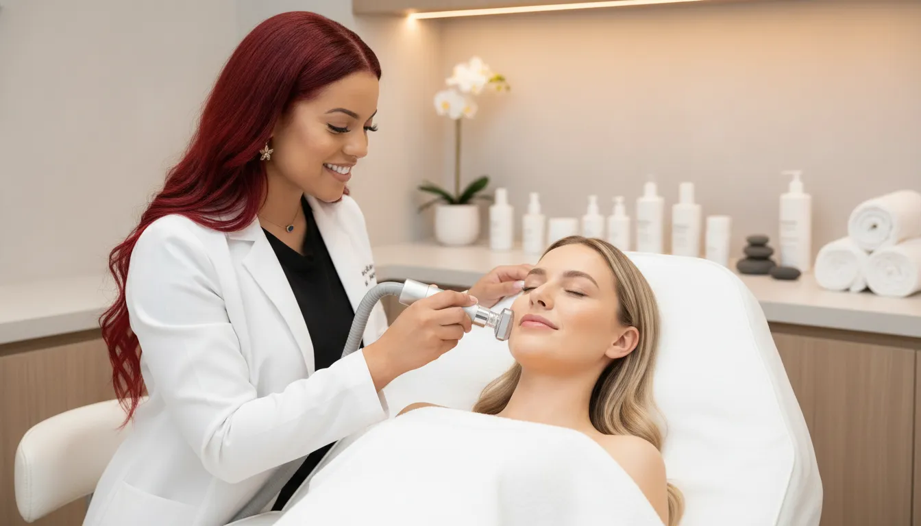 Aesthetician performing a hydra-facial treatment on a relaxed client in a luxury medspa treatment room