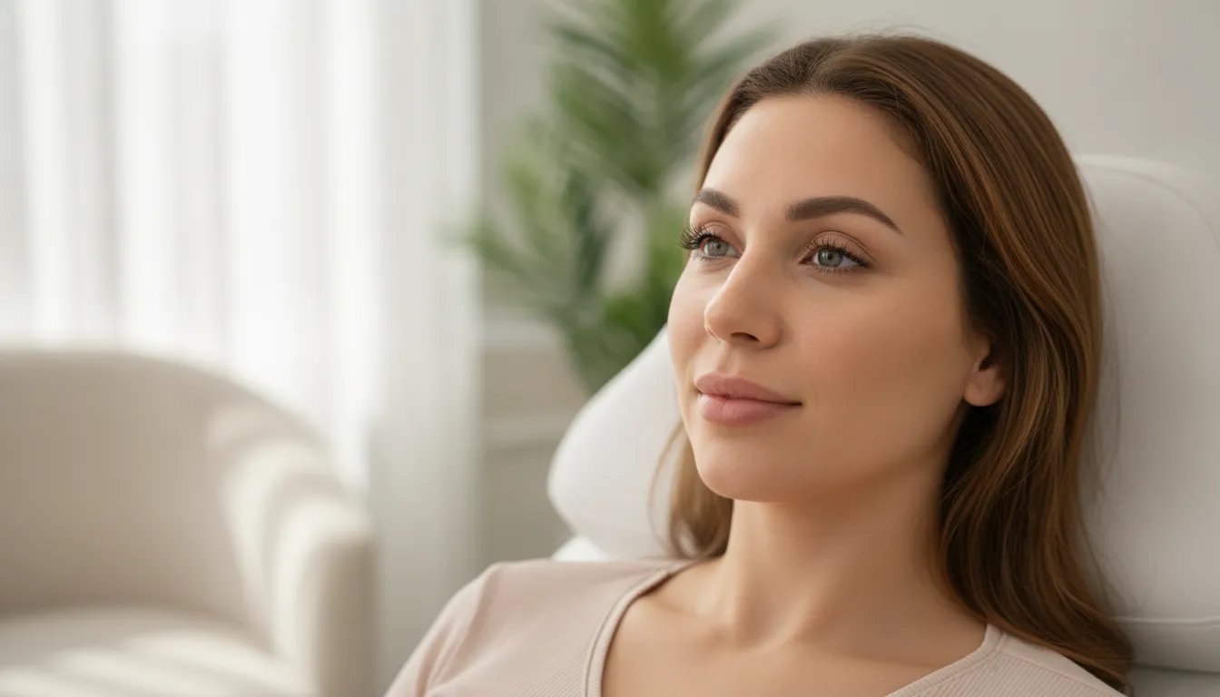 Relaxed patient with a refreshed eye area after under-eye filler consultation in a luxury medical spa
