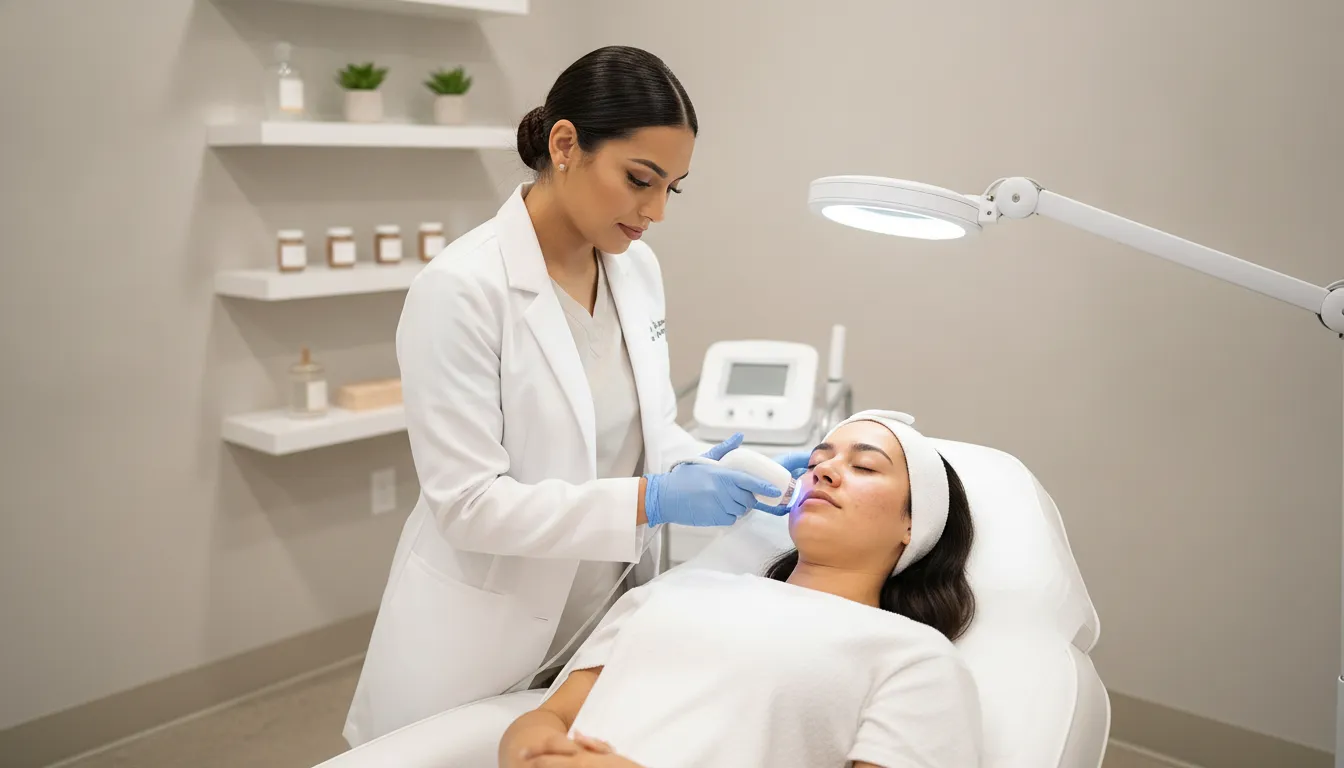 Provider performing an acne-focused facial in a luxury medical spa