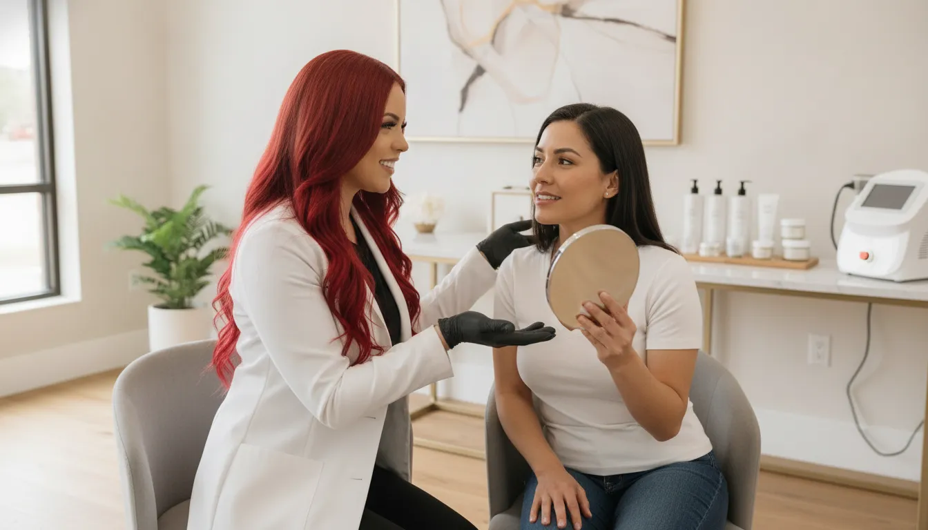 A clinician discussing PDO thread lift longevity with a patient in a luxury medspa