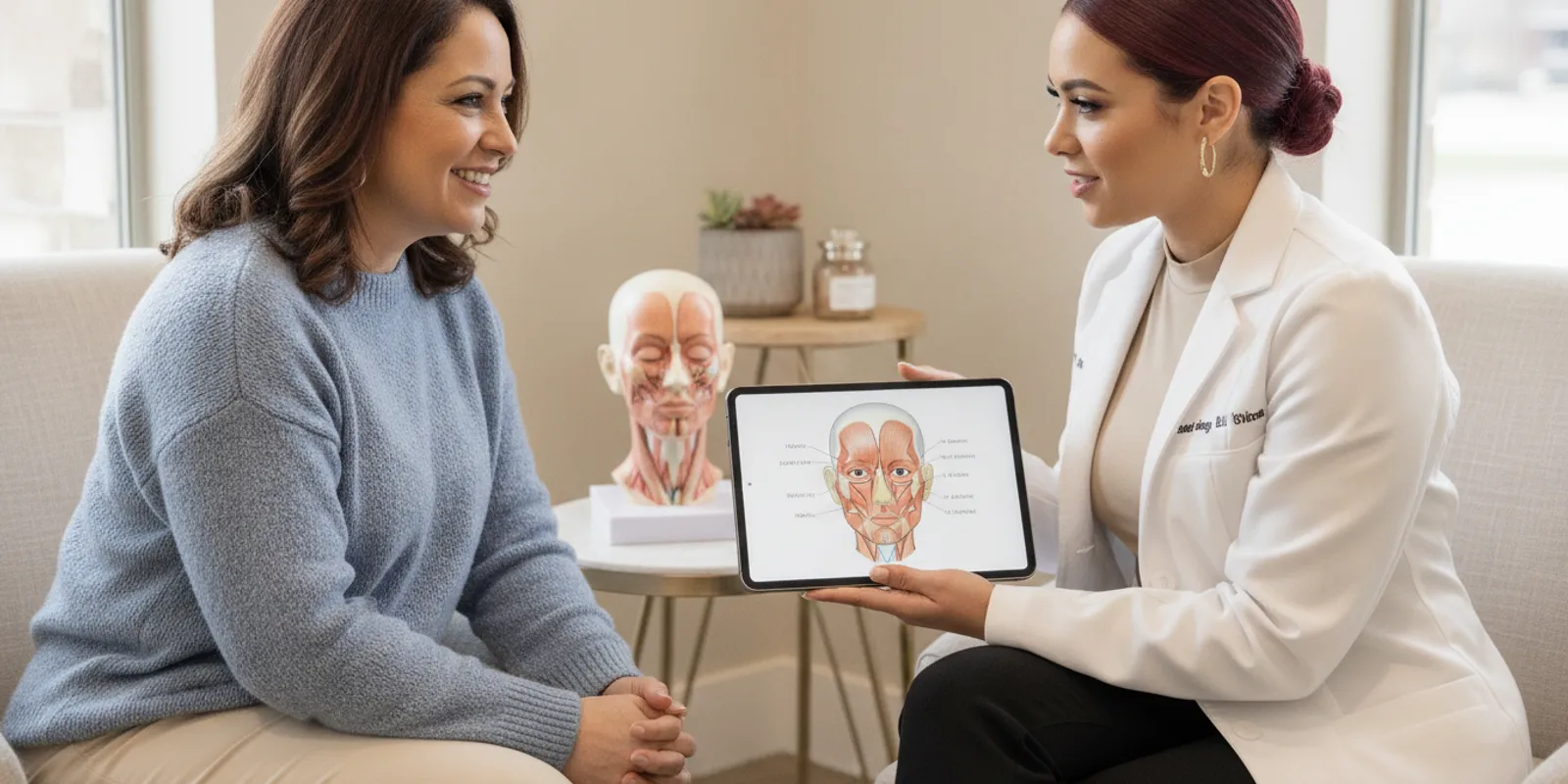 A patient speaking with a provider during a calm facial aesthetics consultation