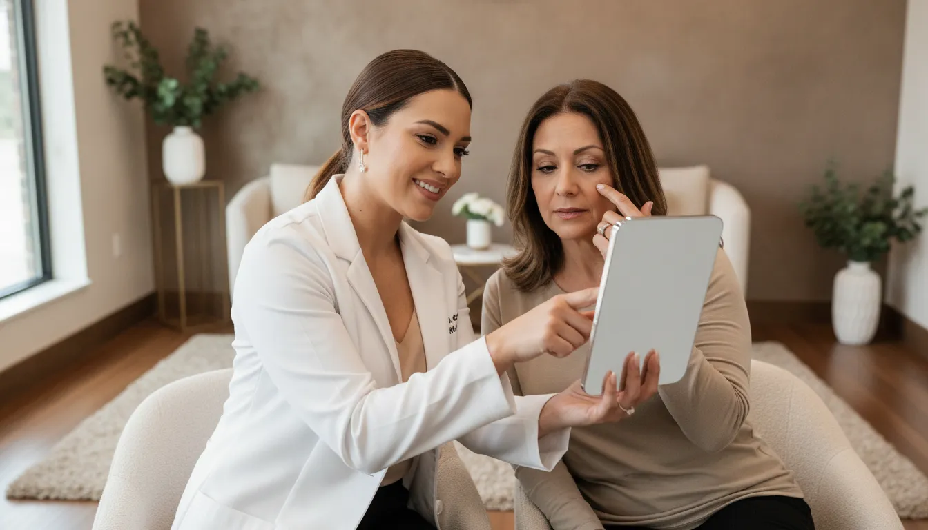 Provider discussing under-eye filler recovery with patient