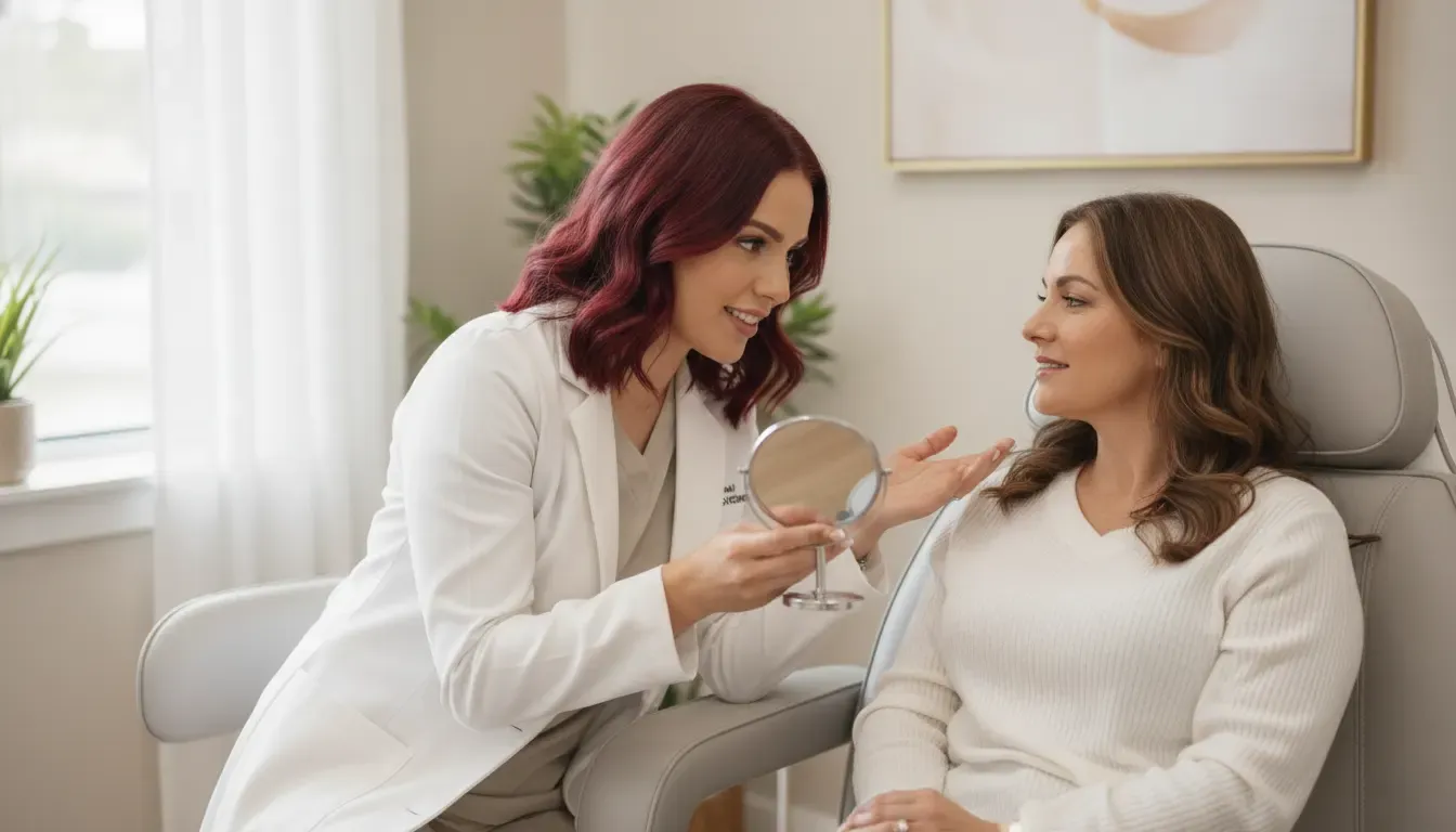 Patient discussing under-eye filler safety with a medical injector