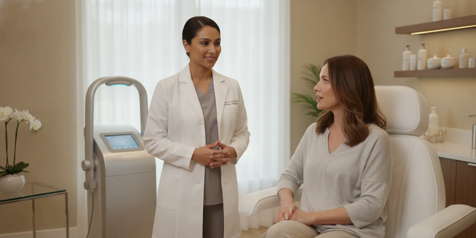 A calm, softly lit skincare consultation in a modern treatment room