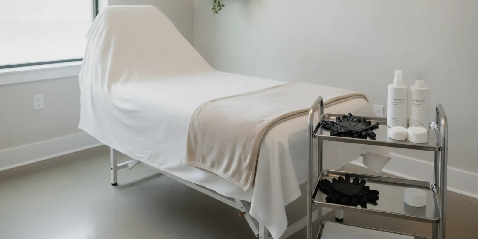 A calm treatment room prepared for a microneedling appointment, with clean linens and soft natural light